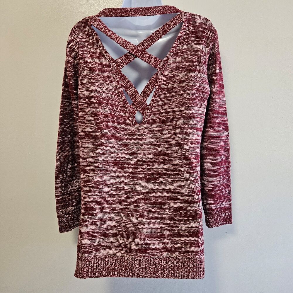 Madison Lilly Criss-cross Back Sweater Marbled Burgundy Side Slits Women Med